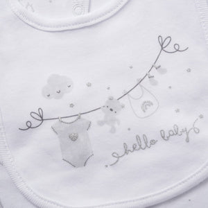 Hello Baby unisex cotton baby bib with soft neutral illustration