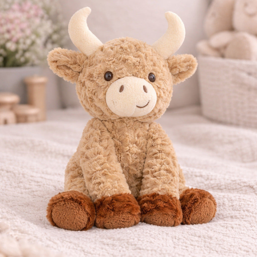 Highland cow soft cuddly toy with brown plush fur in a seated position.