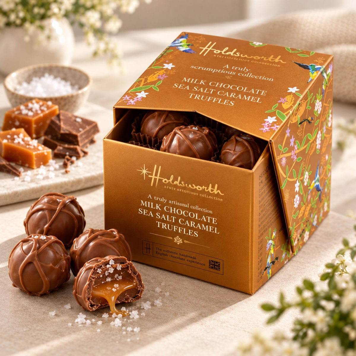 Handmade Box of Milk Chocolate Sea Salt Caramel Truffles by Holdsworth Chocolates
