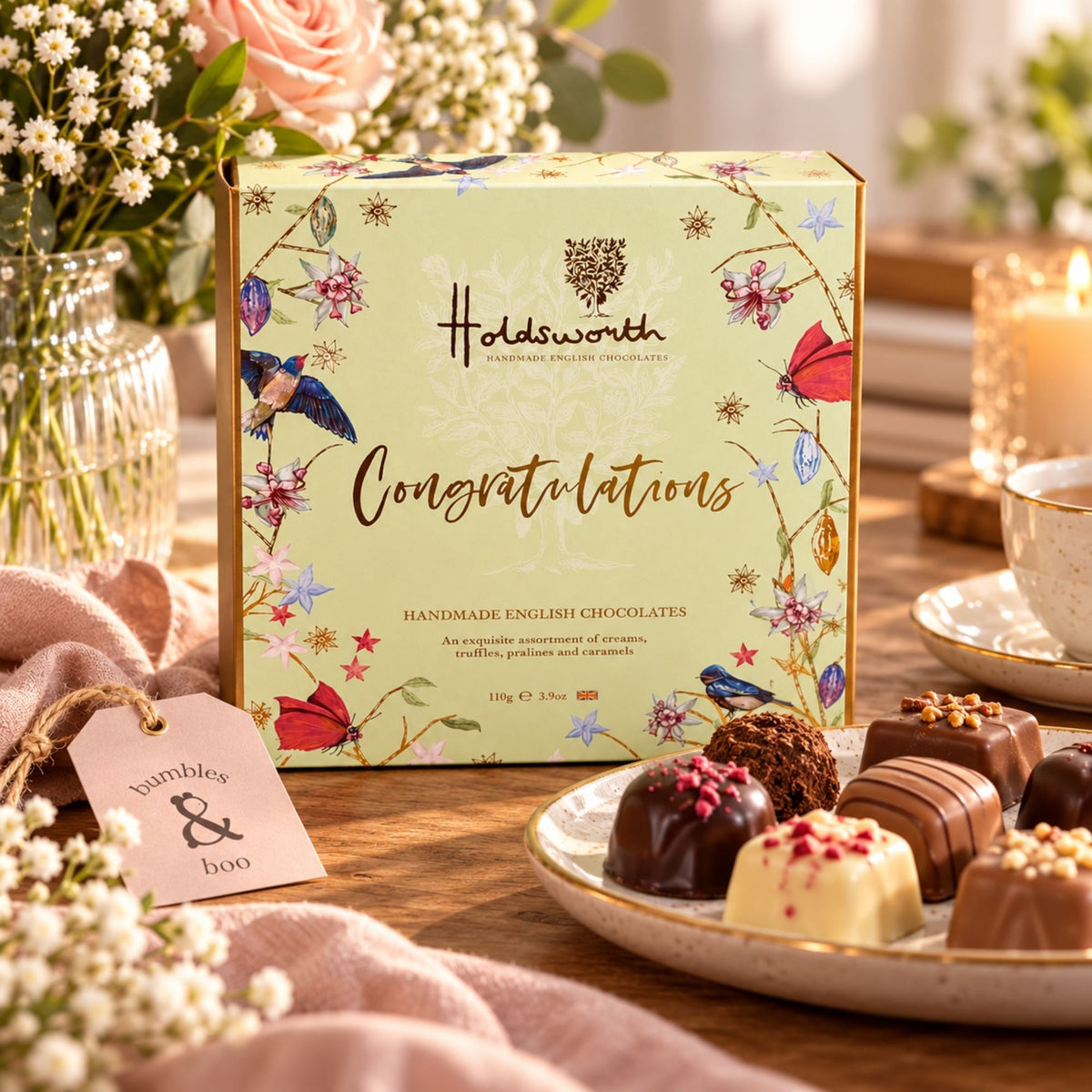 congratulations chocolates in a green box, handmade english chocolates