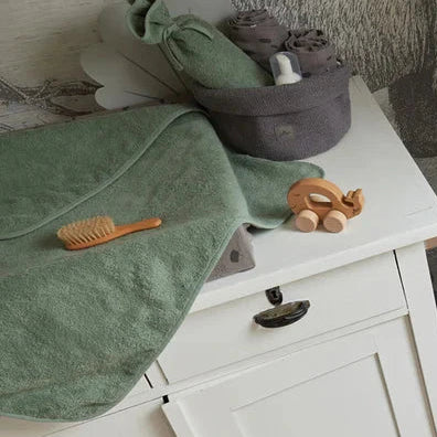 Dark green terry towelling hooded baby bath towel.