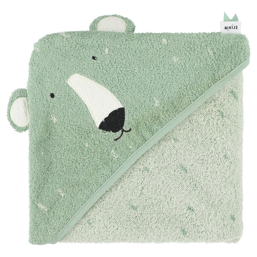 A soft green hooded towel with the face of a friendly polar bear on the hood.  The colour is light green