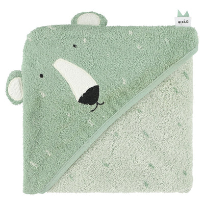 green hooded towel with bear face on the hood.