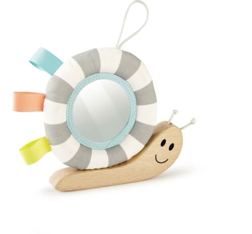 Snail sensory toy with mirror and taggies