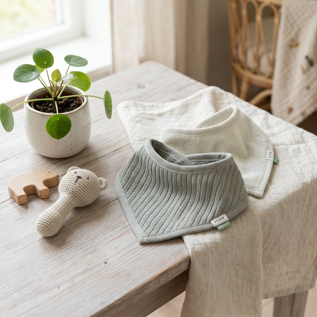 Hush Olive bandana bib two-pack showing contrasting ribbed and terry textures.
