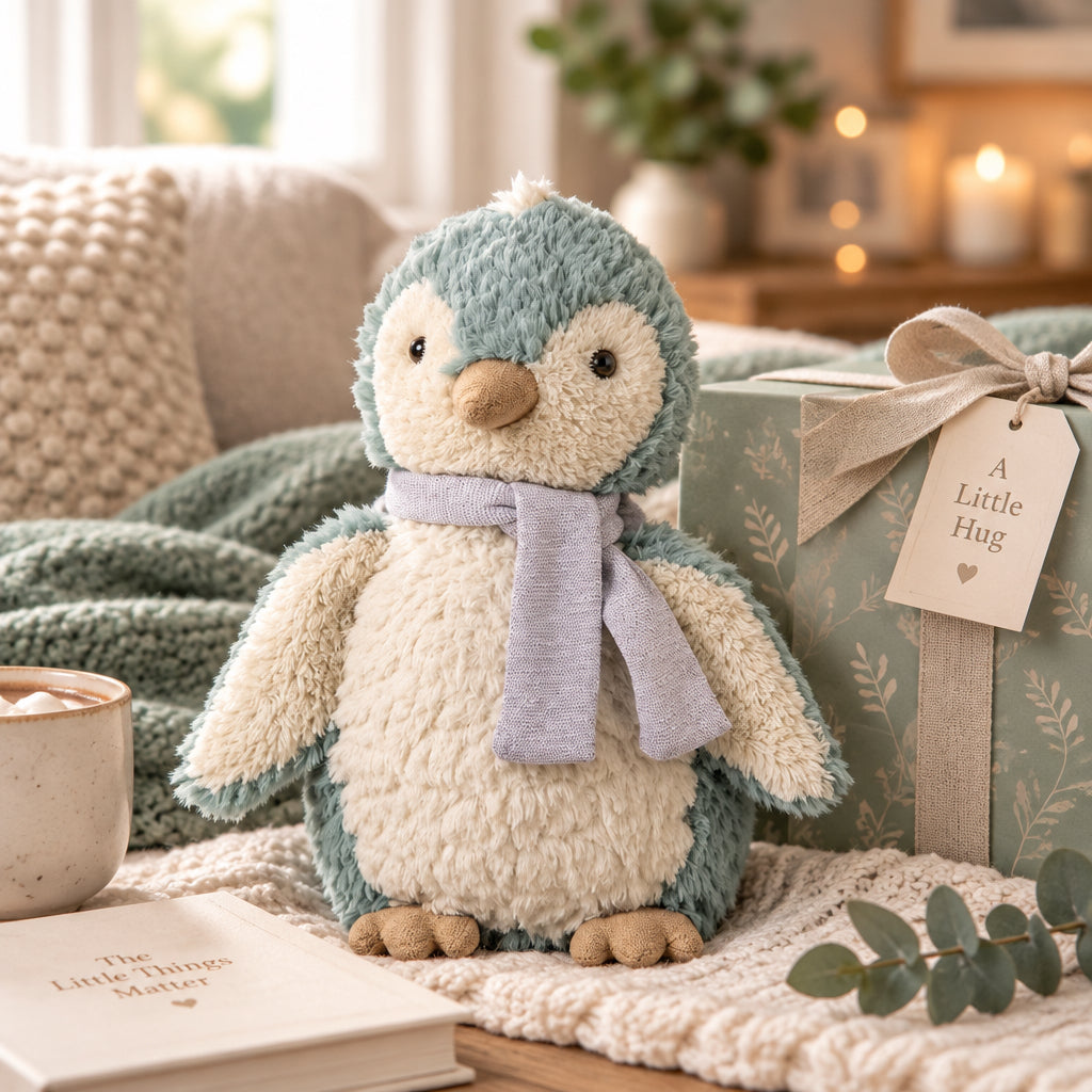 Icy blue and white Iceberg Putty Penguin soft toy with a pale sparkly scarf beside a gift box