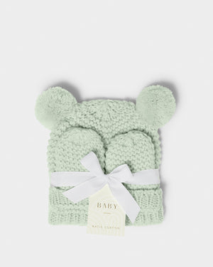 Katie Loxton light sage baby hat and mittens set wrapped with ribbon bow