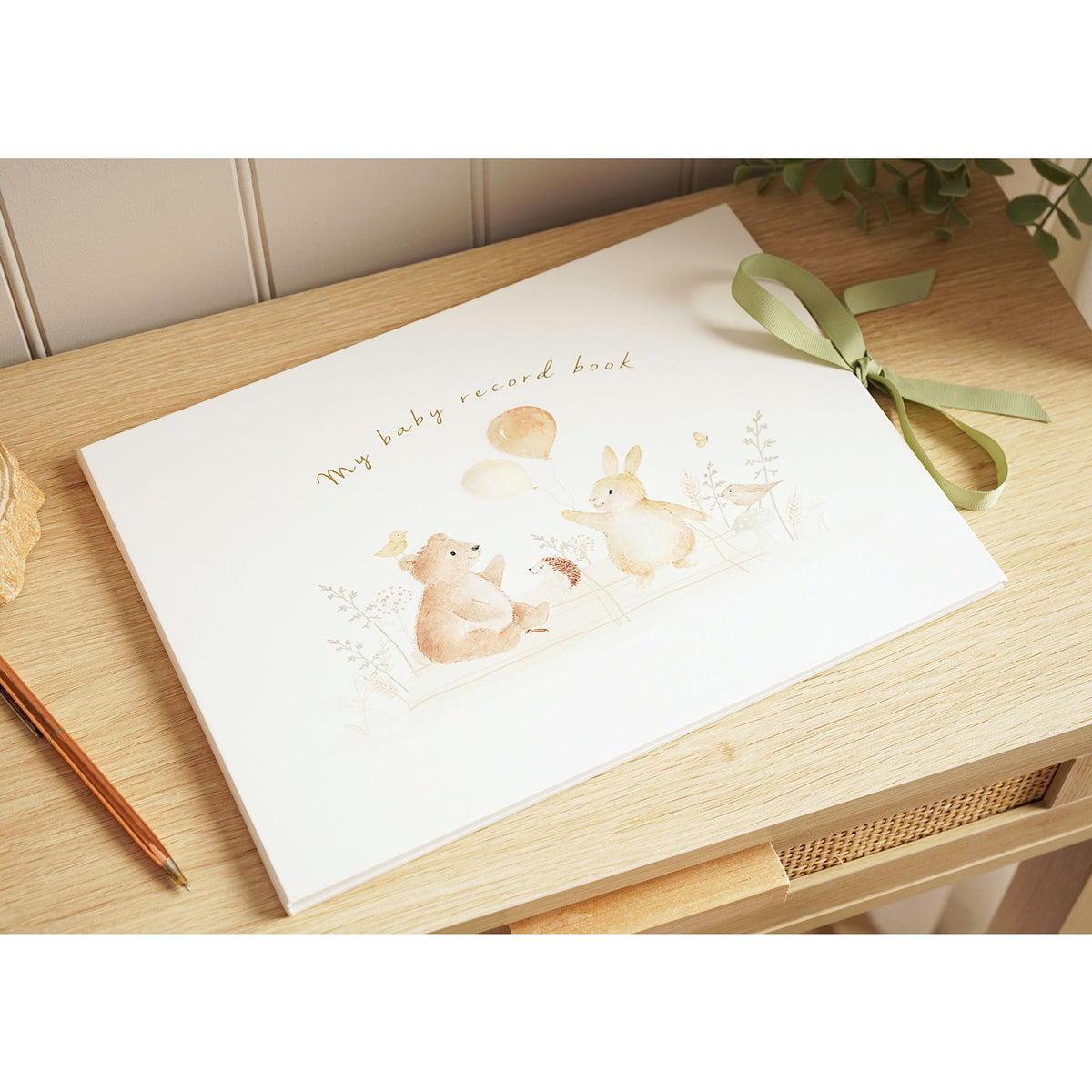 Closed illustrated baby record book on a wooden surface, with a green ribbon tie and animal artwork on the cover.