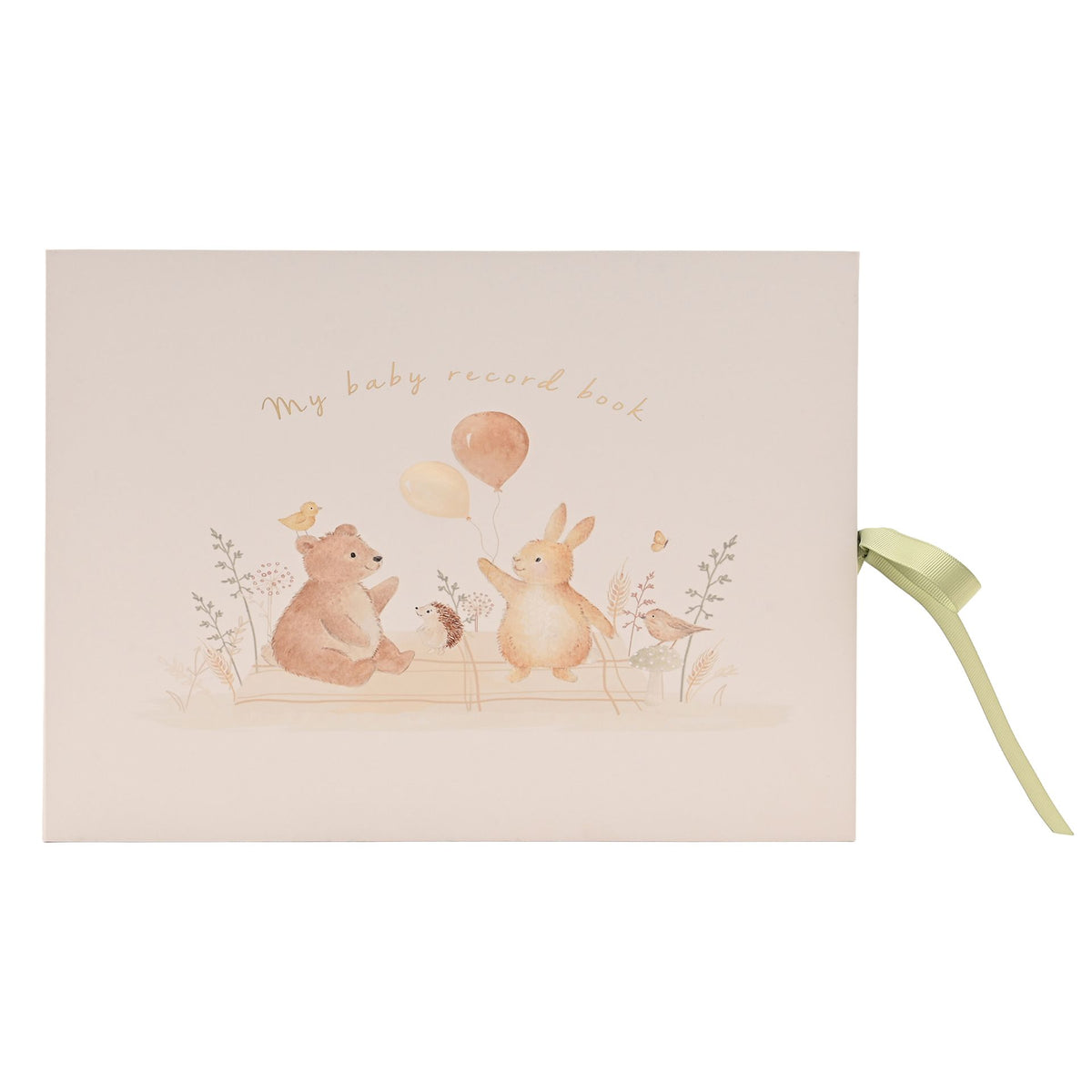 Front cover of the baby record book with bear and bunny illustrations beneath balloons.