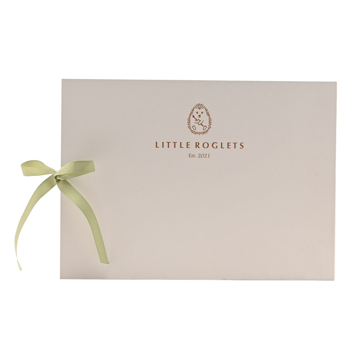 Back cover of the record book showing Little Roglets lettering and the tied green ribbon.