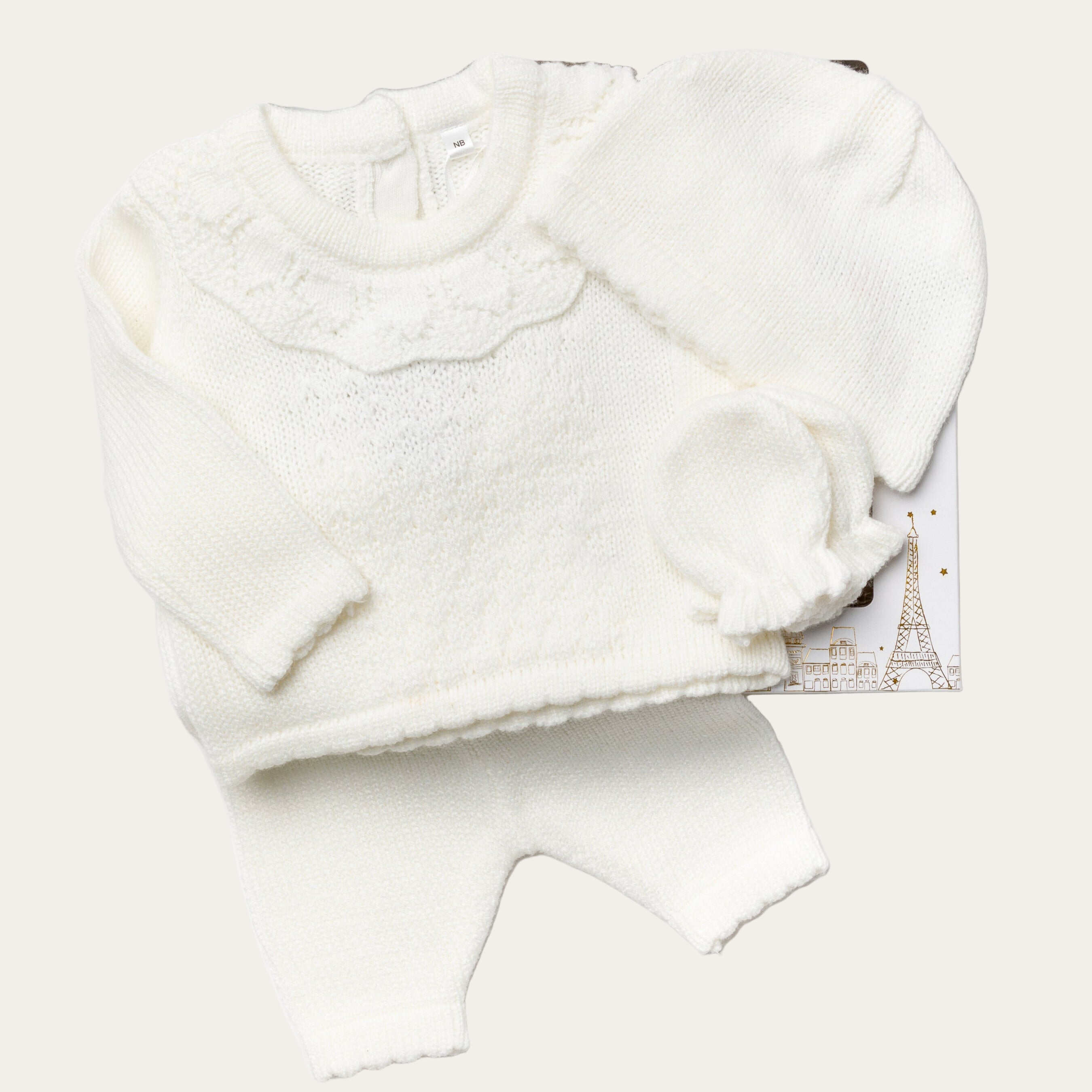 Baby Ivory Knit Layette with Hat and Mittens