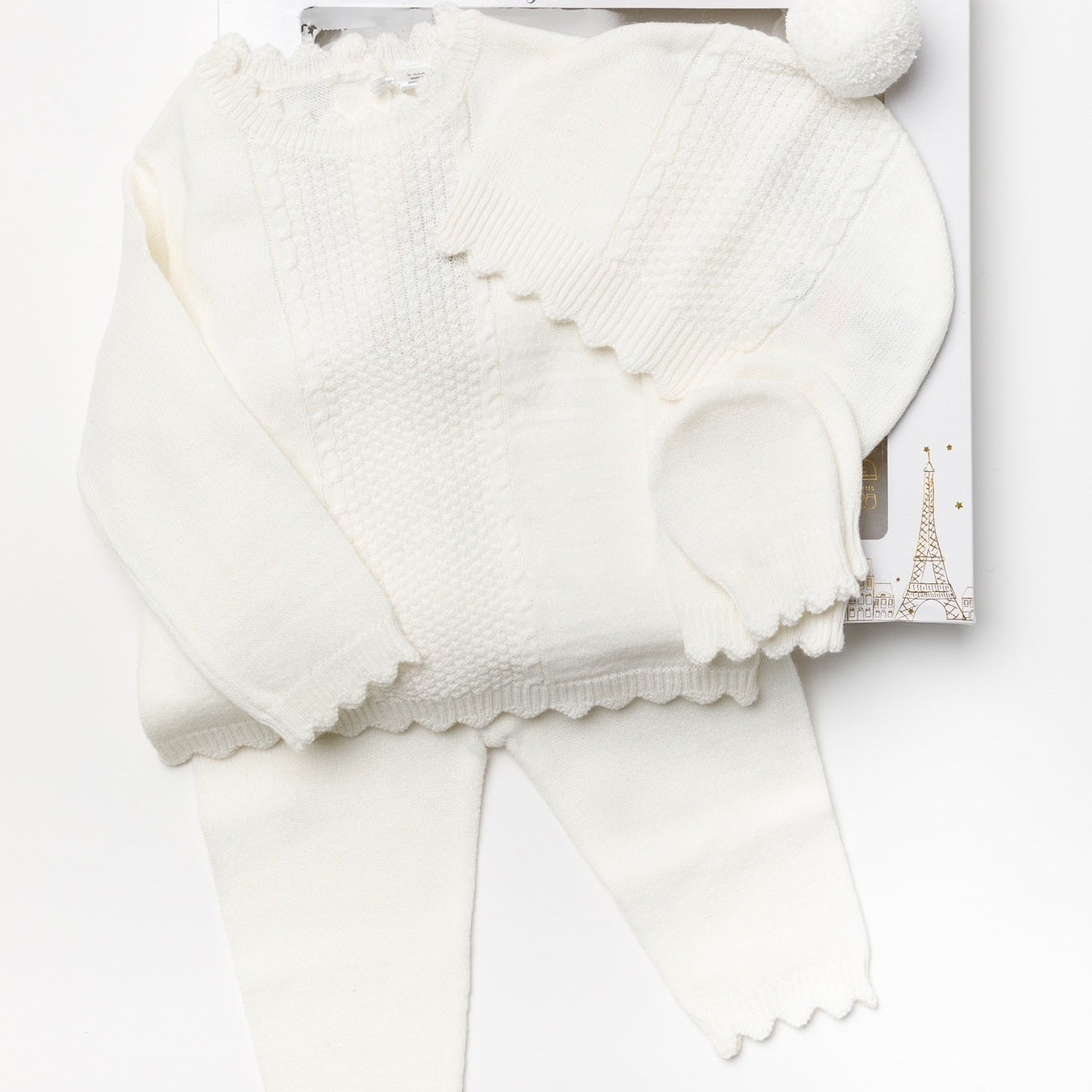 Ivory Scallop Knit Baby Layette Set – 4 Piece