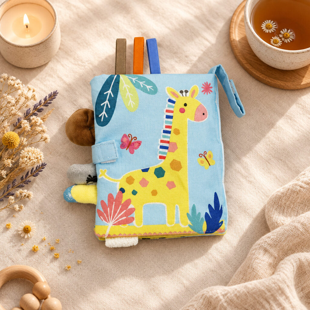 Soft jungle baby book showing colourful animal-themed cloth pages