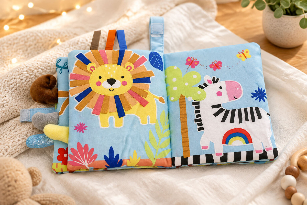 Jungle Friends crinkle baby book detail for newborn sensory play