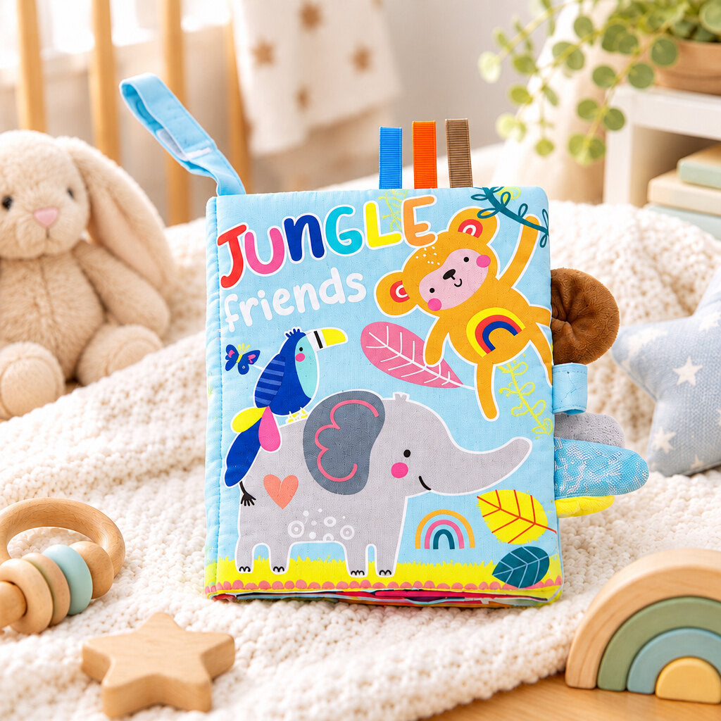 Jungle Friends soft crinkle baby book with colourful animal illustrations