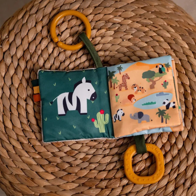 Open Jungle Soft Baby Book showing zebra and jungle animal illustrations
