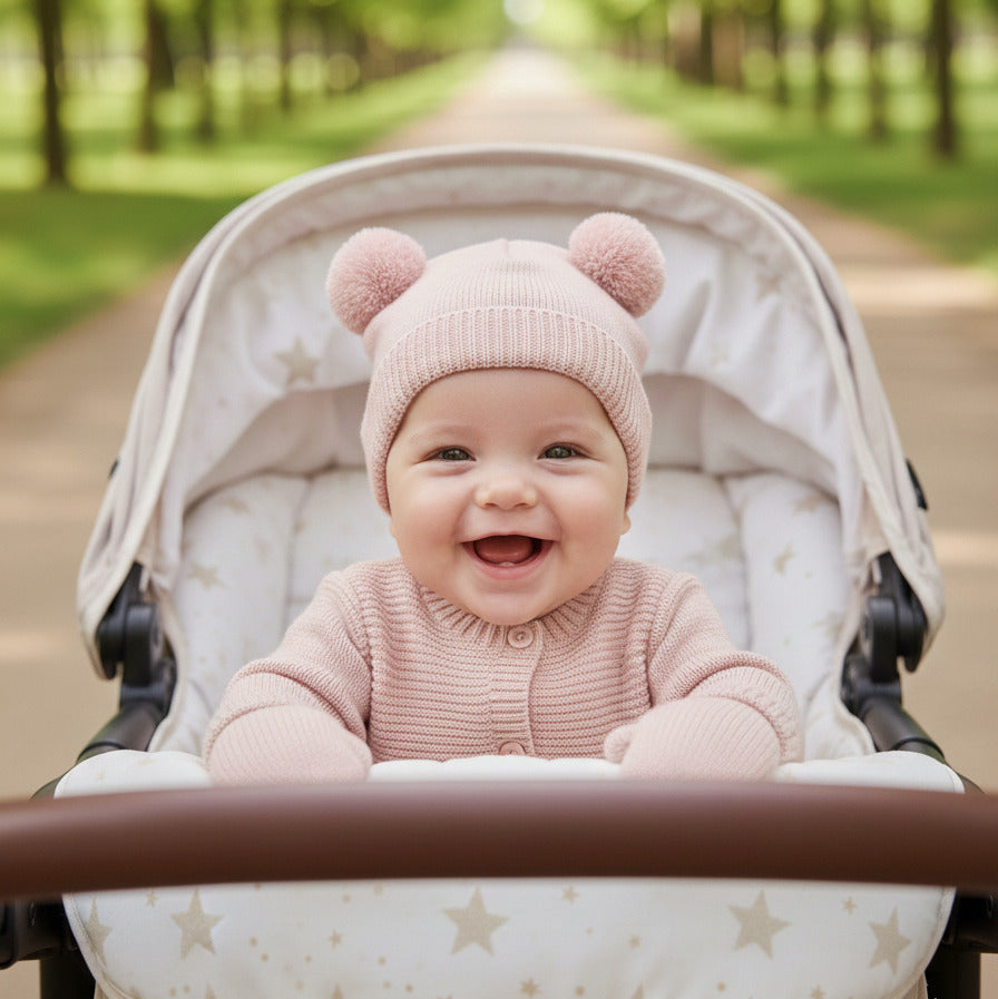 Baby girl wearing katie loxton pink knot hat and mittens set