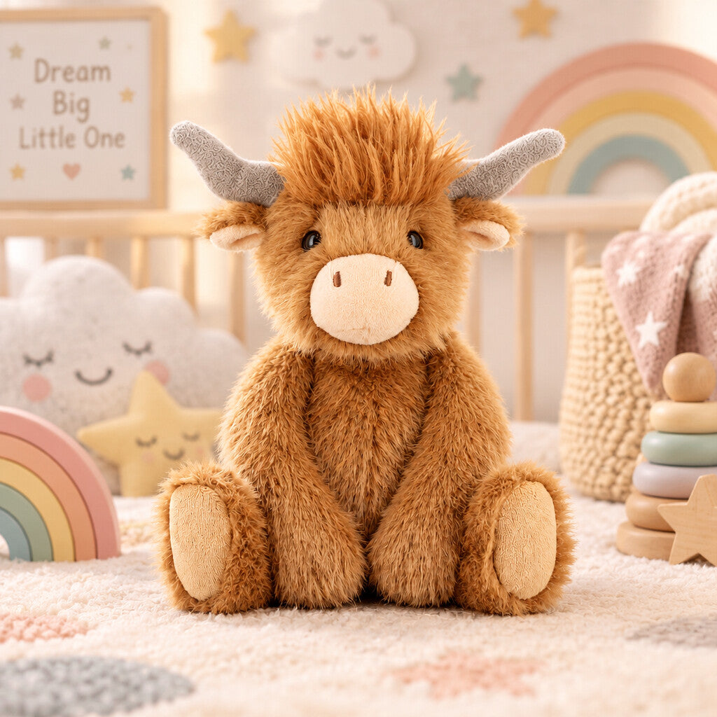Brown Keeleco Enchanted World Highland Cow soft toy, 20 cm and suitable from birth
