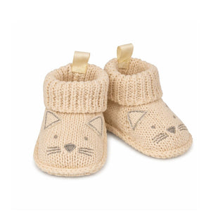 Beige knitted baby booties with a little cat face