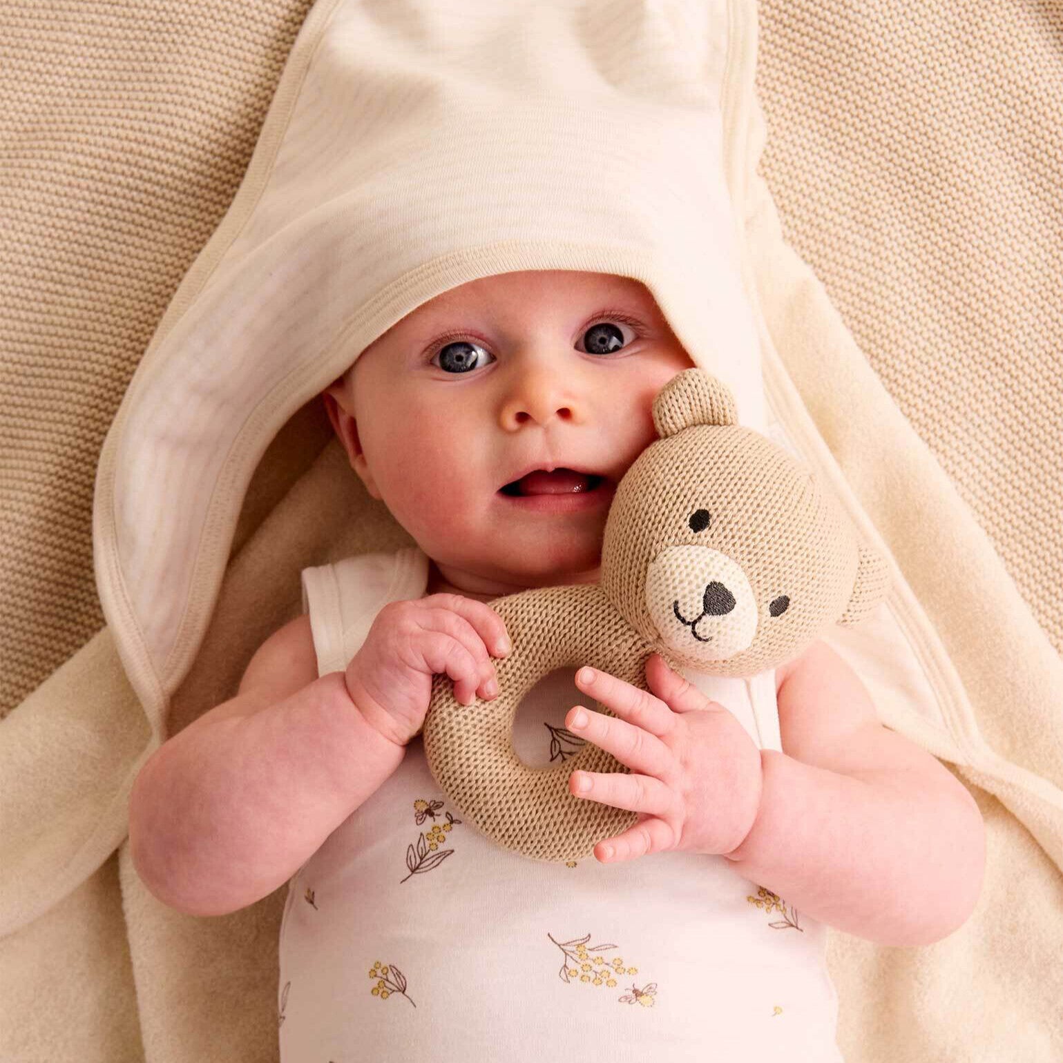 Knitted Bear Baby Rattle – Soft Cotton Toy