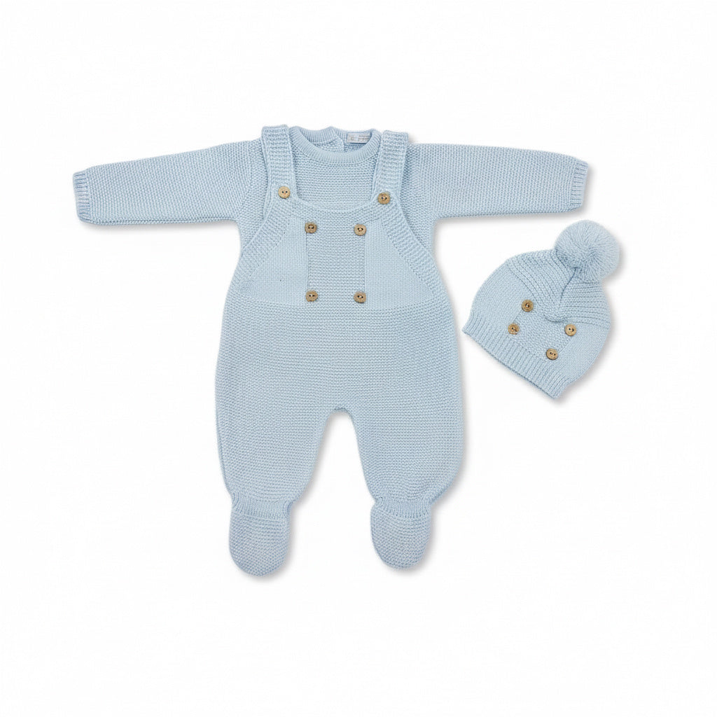 A baby knit clothing set in light blue, including a footed romper, a matching bonnet, and a small matching bonnet, displayed on a white background.