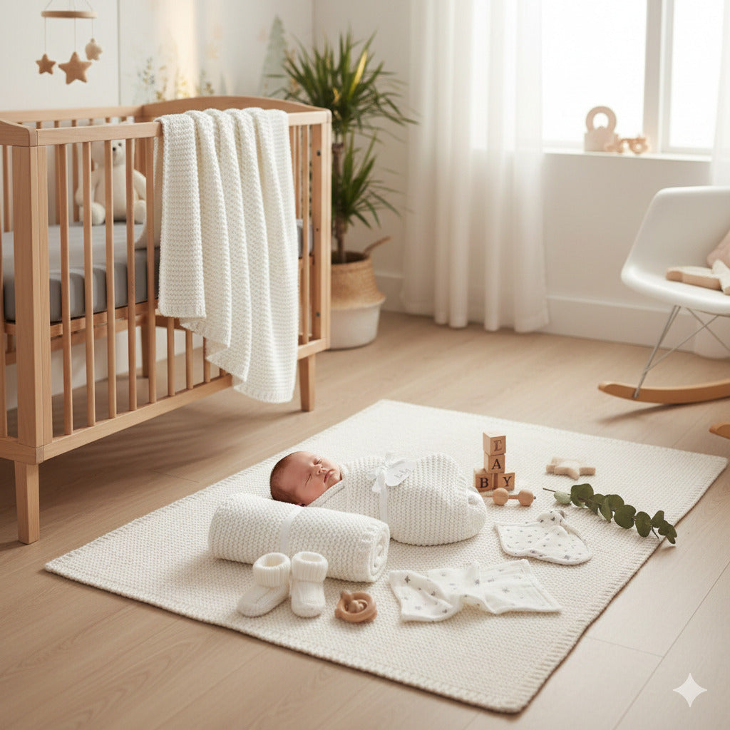 Textured view of a white knitted cotton baby blanket, designed to be soft and kind to delicate skin.