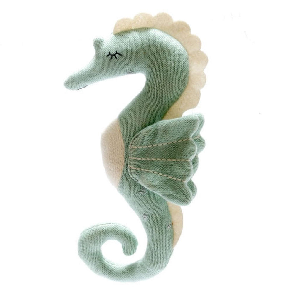 Alt Text
Knitted organic cotton seahorse baby toy in sea green with soft tactile knit