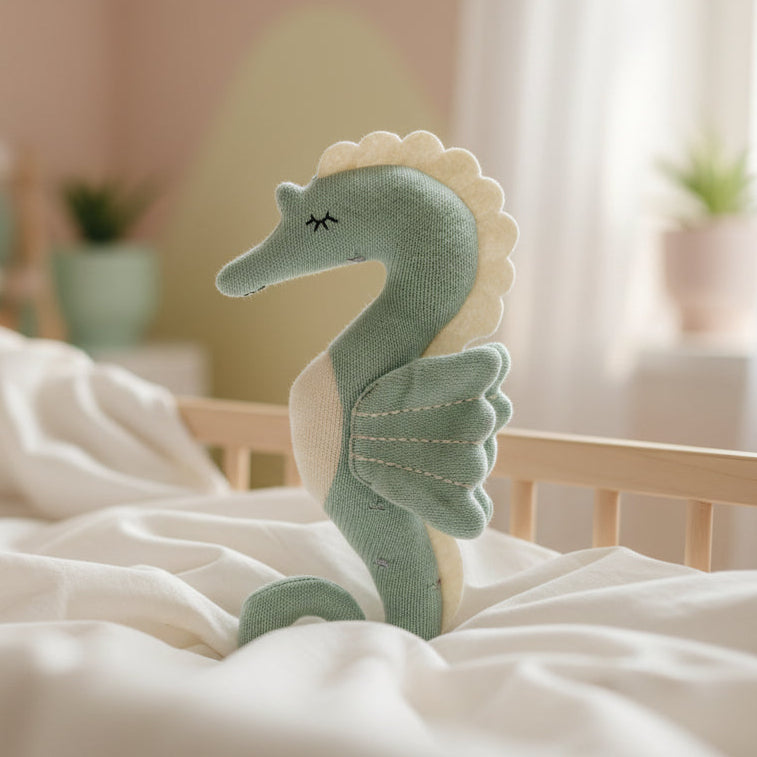 Alt Text
Knitted organic cotton seahorse baby toy in sea green with soft tactile knit
