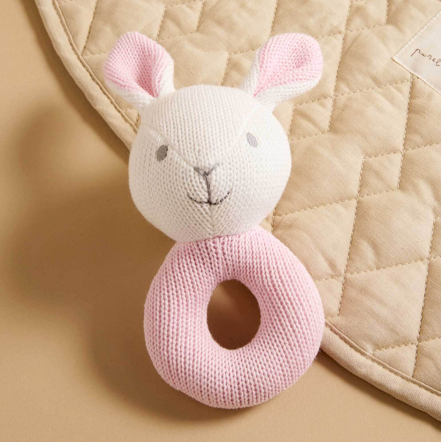 Knitted Rabbit Baby Rattle – Soft Cotton Toy