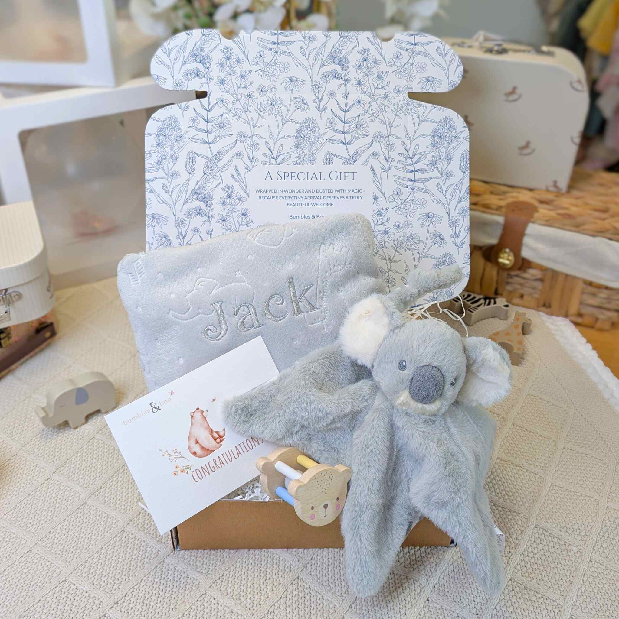 New baby gift set with koala baby comforter and personalise baby blanket.