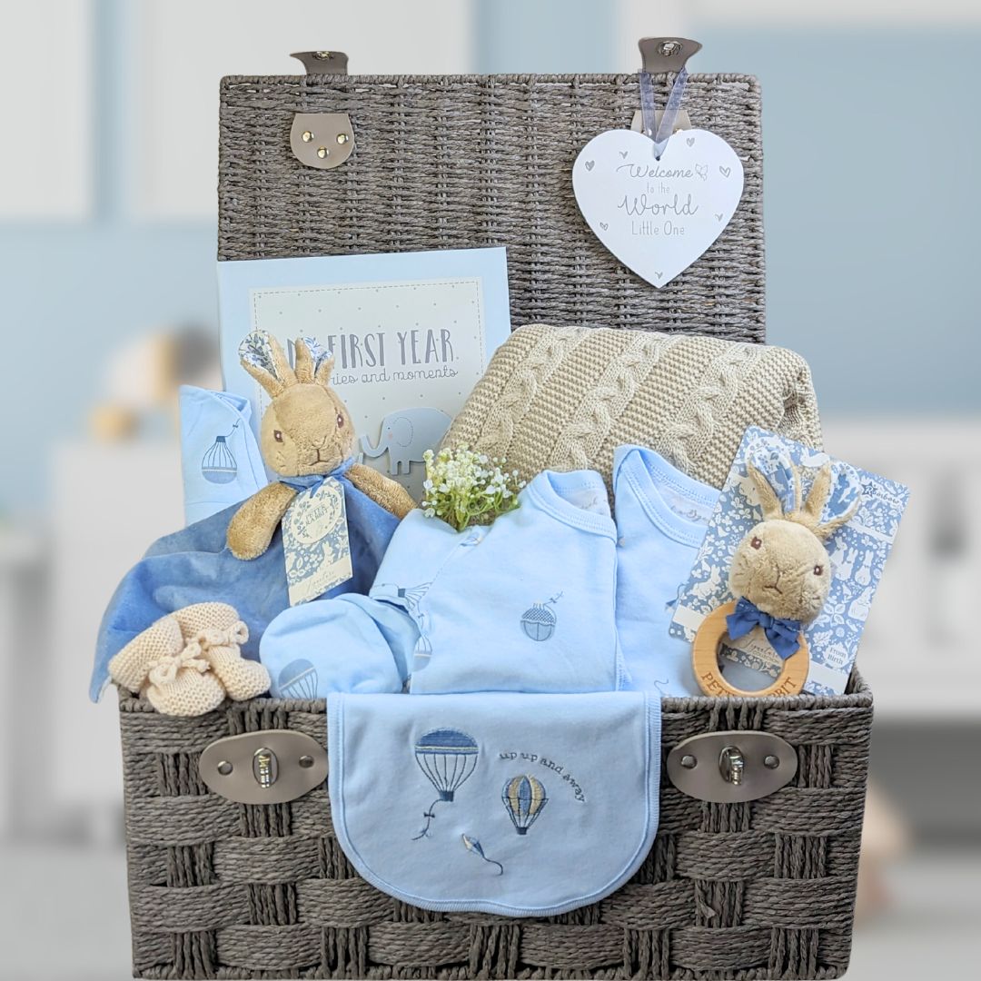large baby boy gifts hamper with peter rabbit theme