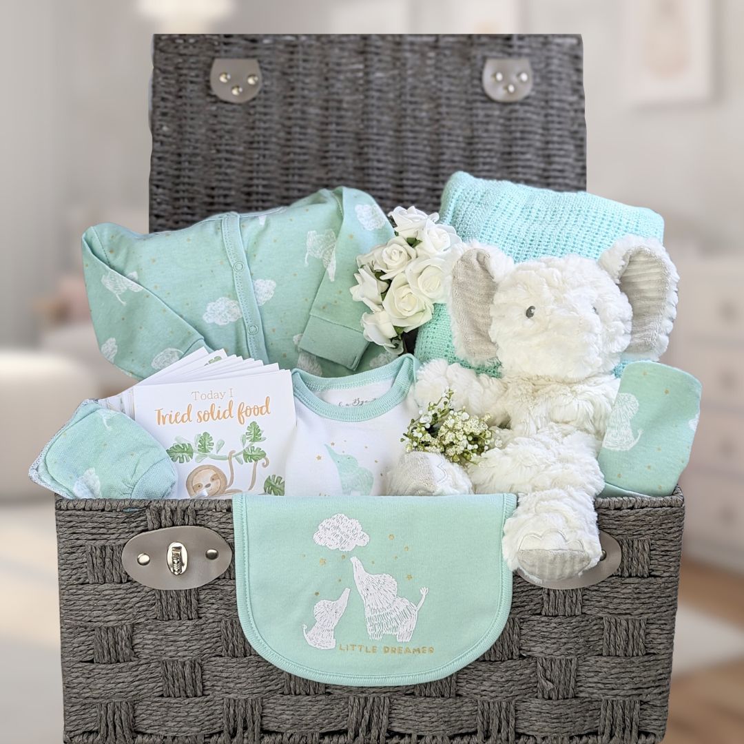 Large baby hamper with beautiful gifts arranged in a stunning rope hamper basket. Includes a mint clothing set, beautifully illustrated baby milestone cards and popular cuddly toy.