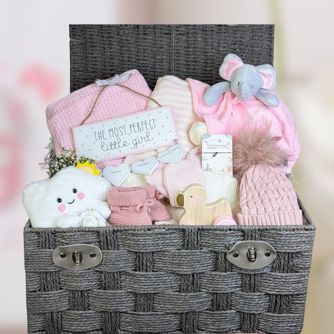 Baby girl gifts basket with clothing set, elephant soft toy, nursery plaque, blanket and more.