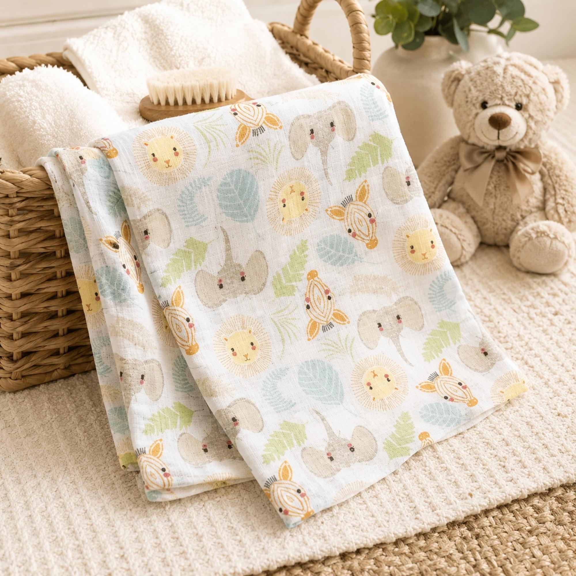 Large cotton muslin swaddle blanket with jungle animal print measuring 100 x 100cm which can be used as a swaddling blanket, nursing cover up, buggie cover or burp cloth