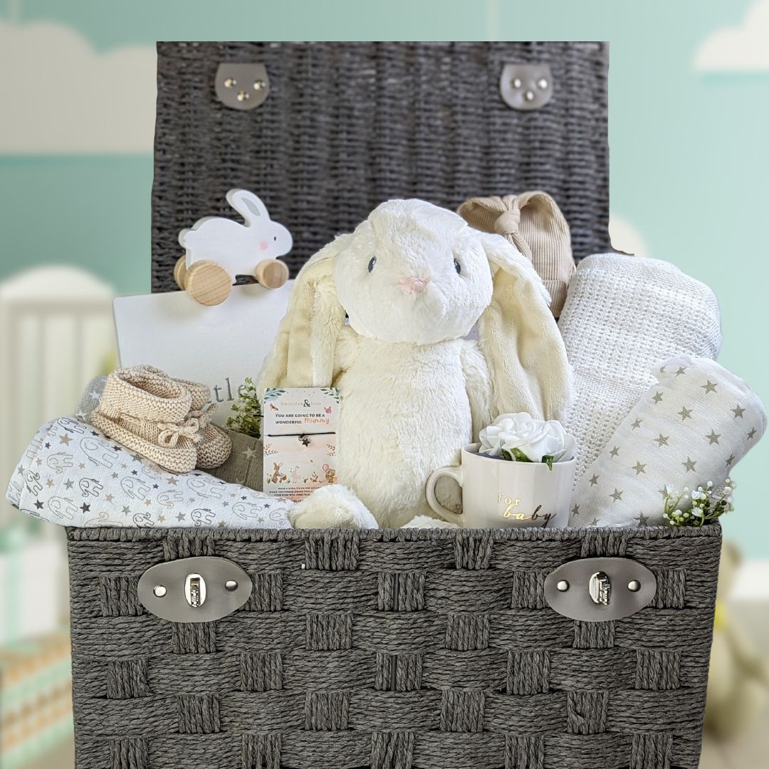 mum to be gift hamper features a photo album, baby blanket, chubby eco bunny, wish string for mummy, muslin squares and more!