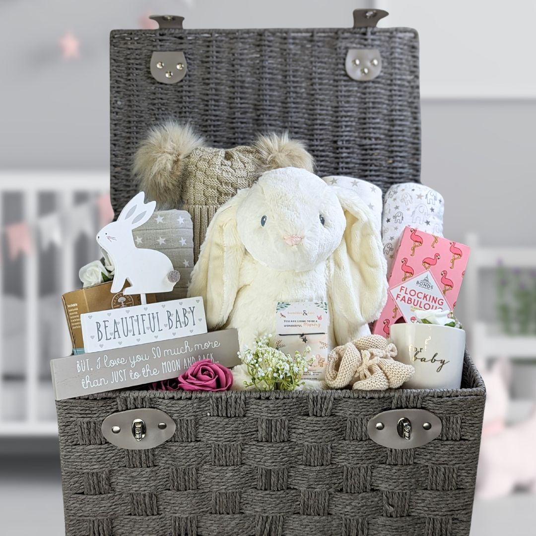 Large new mum hamper gift with bunny, muslins, hat and booties plus gifts for a new mum.