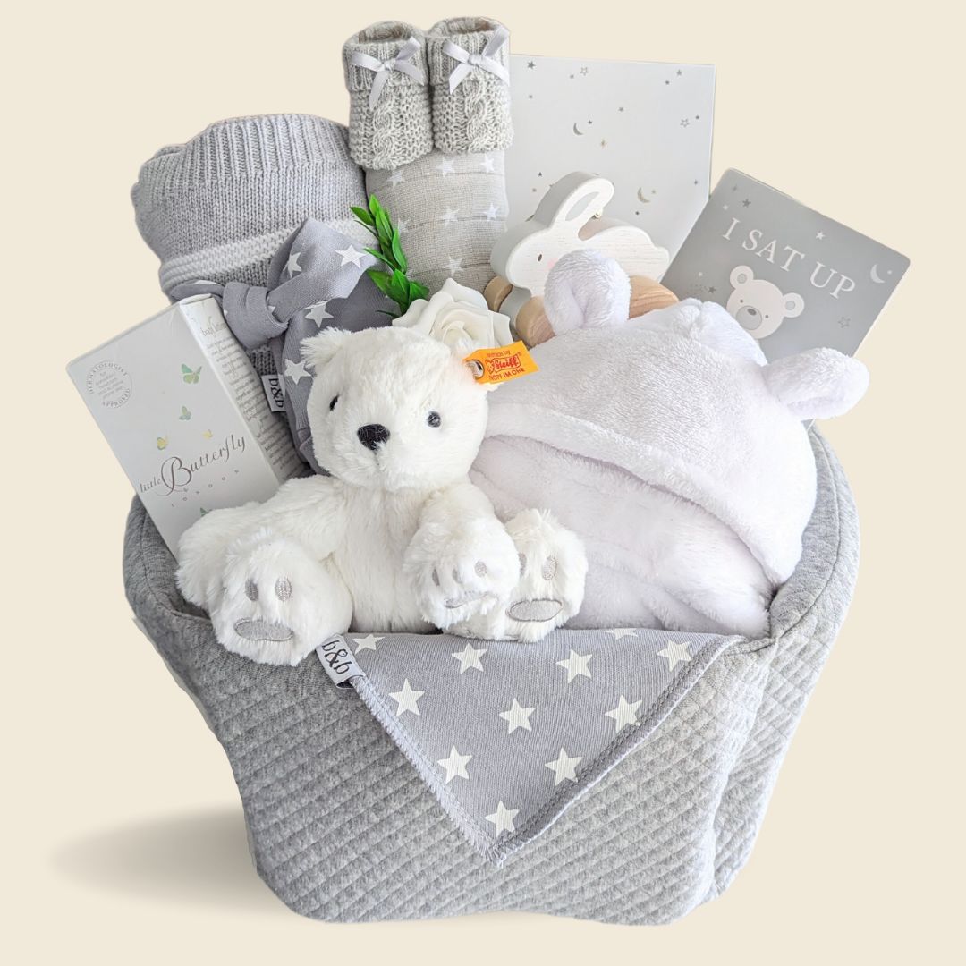 New baby hamper basket with teddy, blanket, journal and lots more.