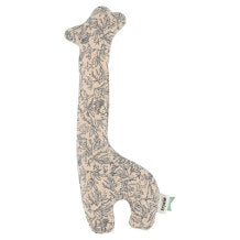 Organic giraffe shaped soft rattle in pale pink with a leaf print 