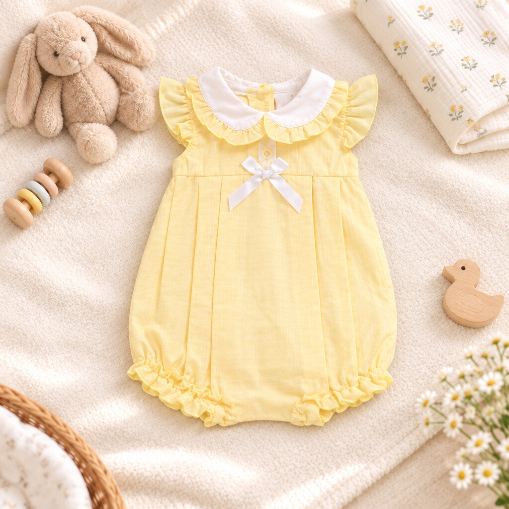 Lemon baby girl romper with lace and bow detailing, available Newborn to 3-6 months