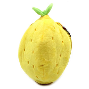 Yellow lemon plush toy closed, showing green leaves, stitched dimples and the side zip.