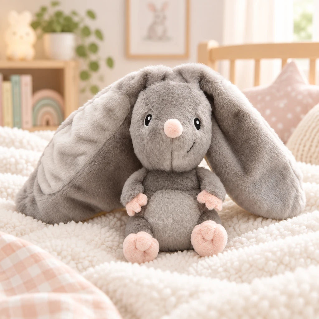 Grey mouse soft toy fully revealed, with the yellow lemon cover opened around its head.