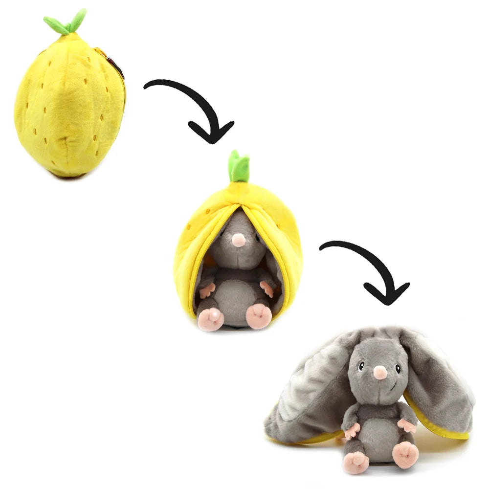 Three-stage illustration showing the yellow lemon plush opening and transforming into a grey mouse.