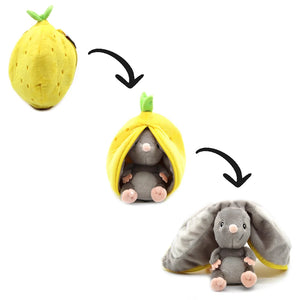 Three-stage illustration showing the yellow lemon plush opening and transforming into a grey mouse.