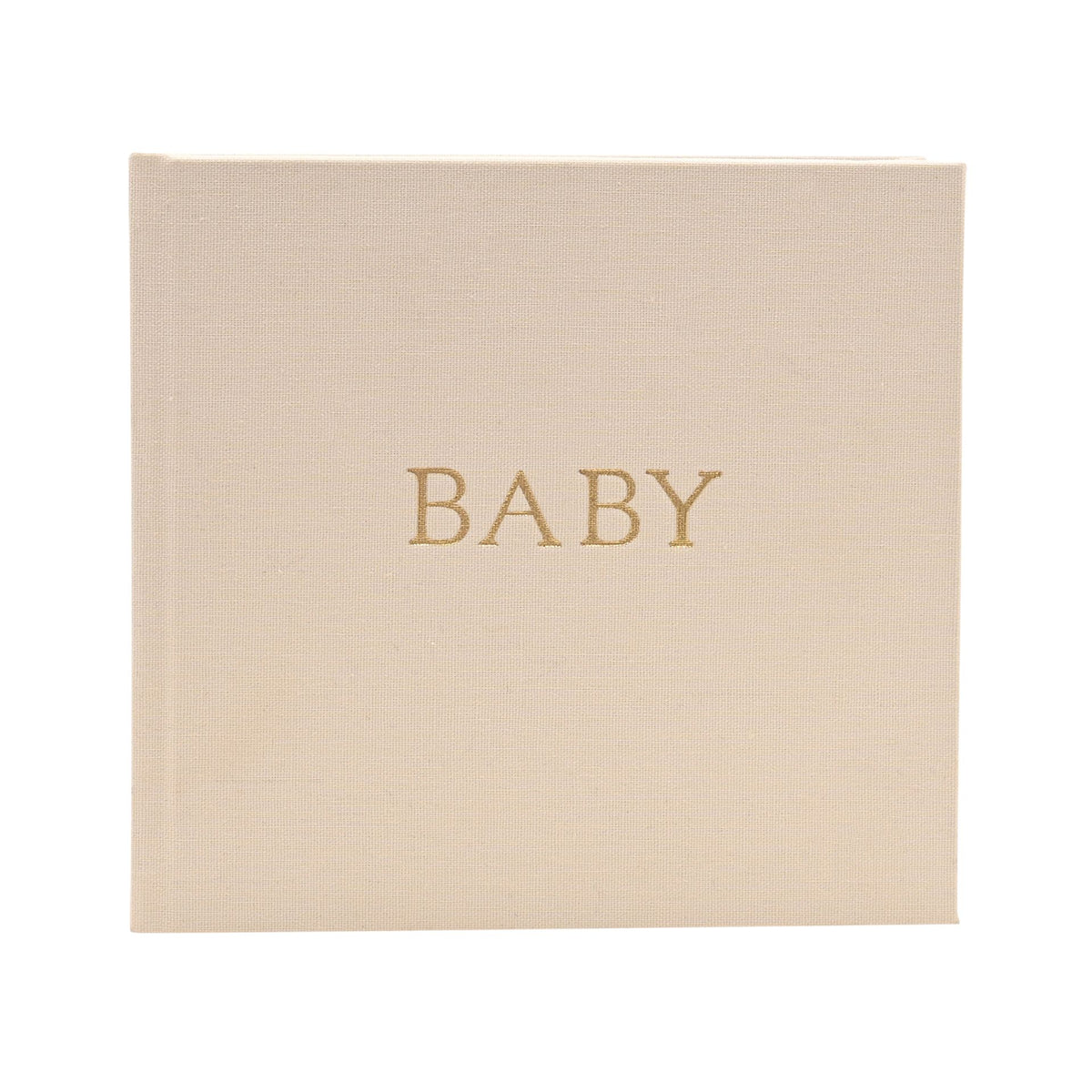 Front cover of linen baby photo album with gold BABY lettering