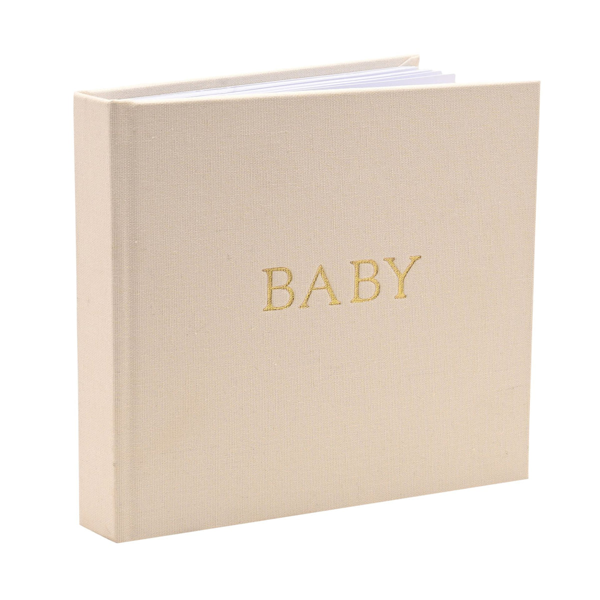 Angled view showing the linen baby album spine and page edges