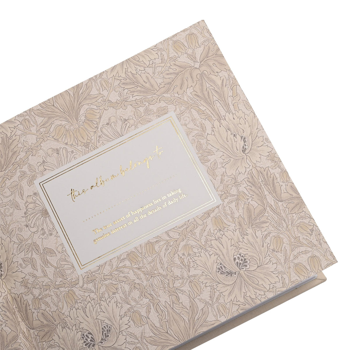 Close-up of the patterned endpaper and dedication panel inside the baby album