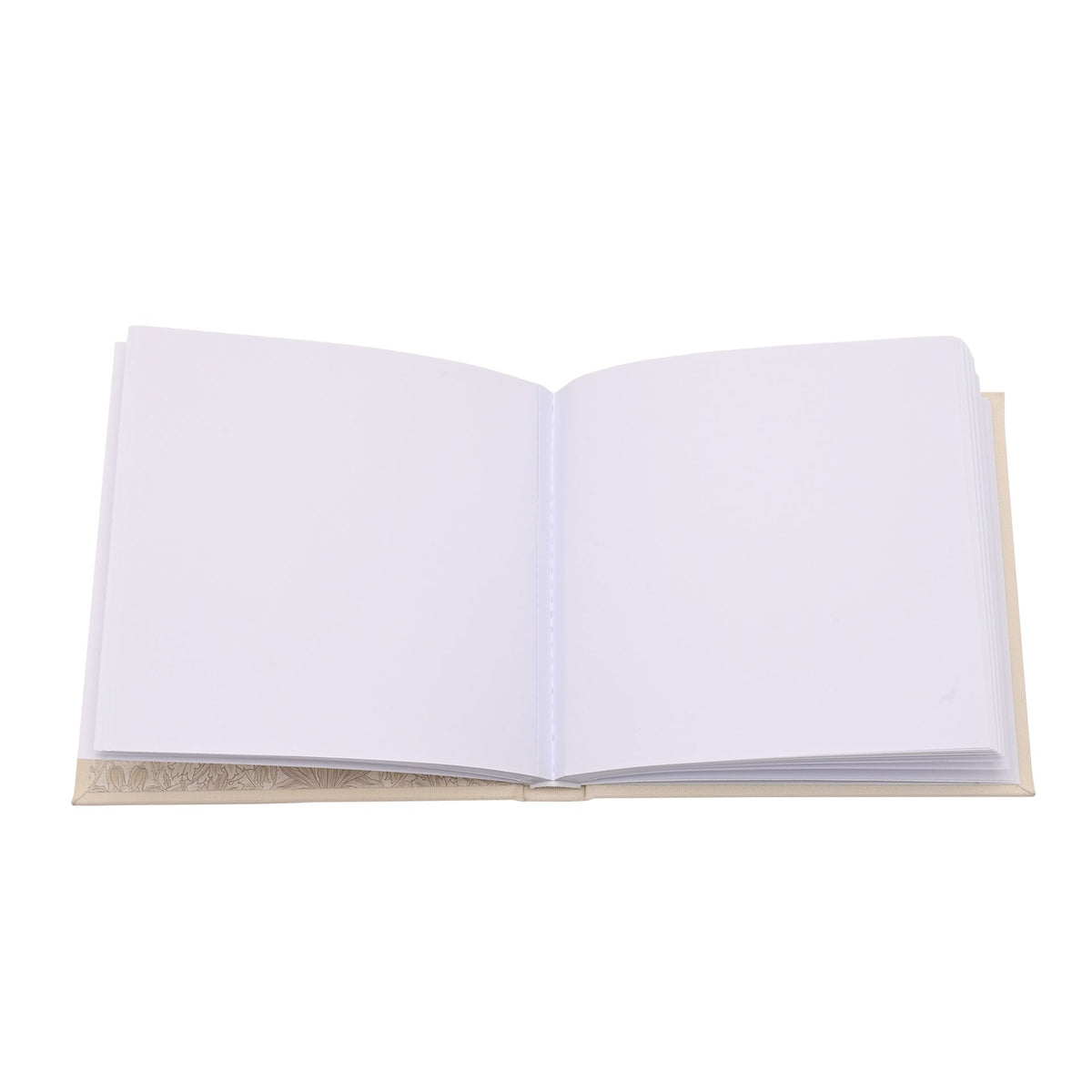 Open baby photo album displaying plain white pages