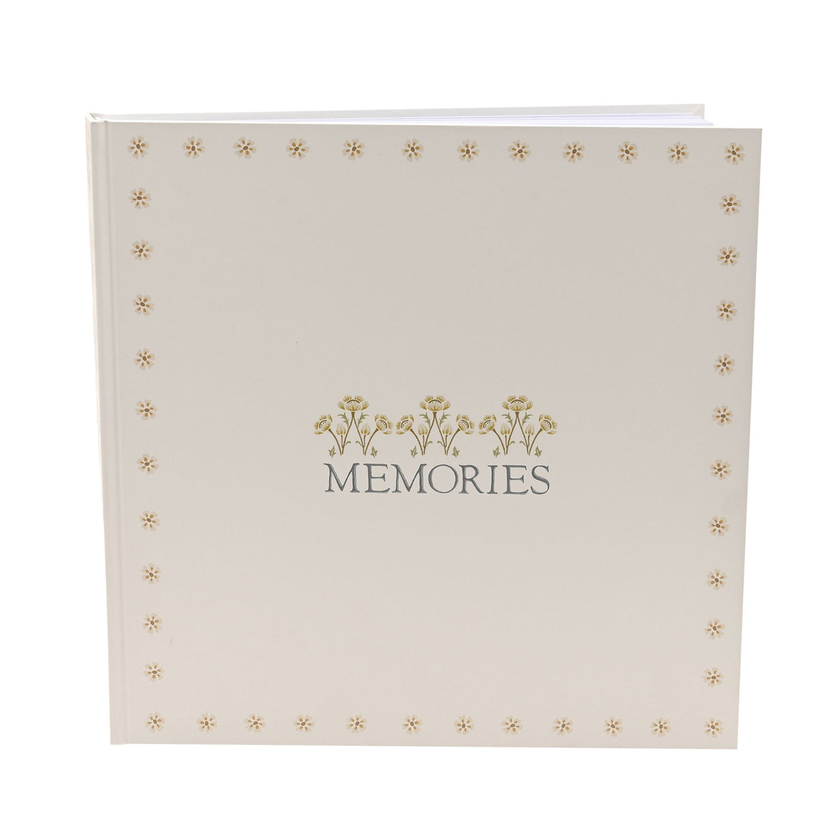 Slightly angled memories album showing the top page edges