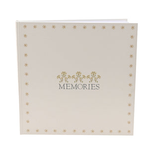 Slightly angled memories album showing the top page edges