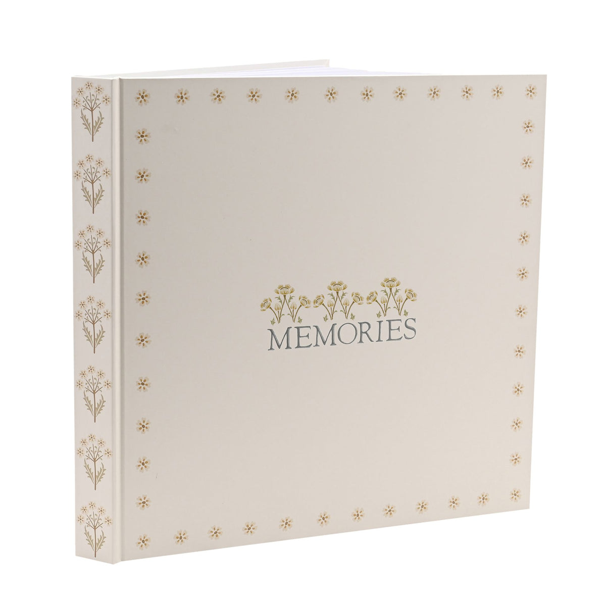 Upright linen memories album showing its floral-patterned spine